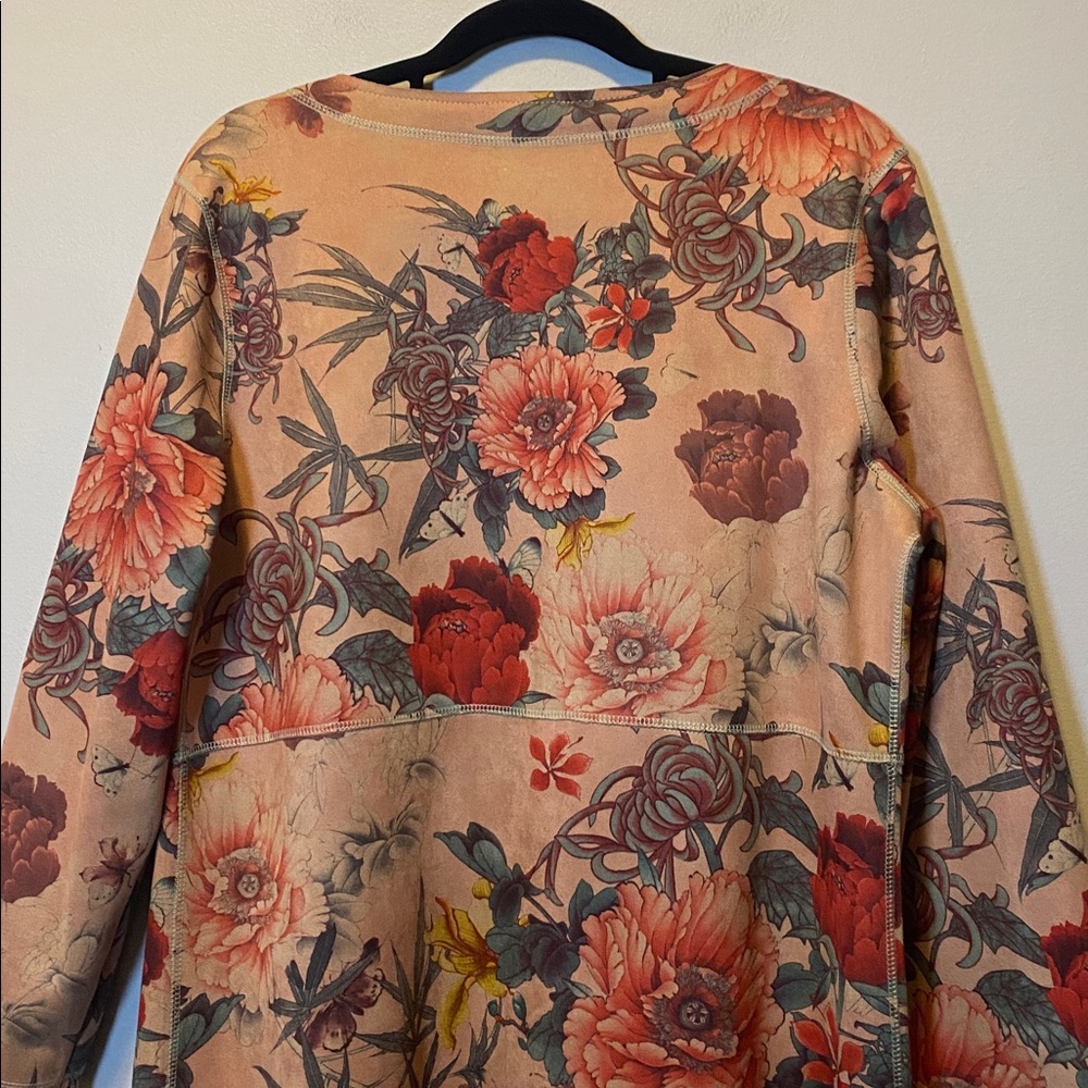 Solitaire Faux Suede Duster Women’s Large Pink Floral Print Open Front Beautiful - Picture 12 of 15
